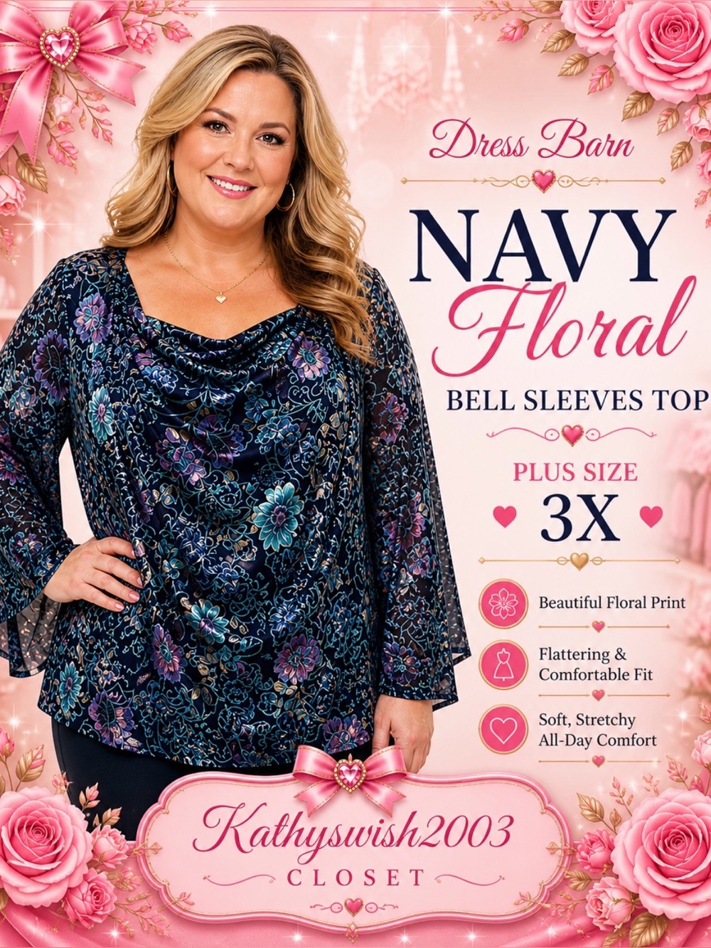 Dressbarn Women’s Navy Floral Top Plus Size 3X